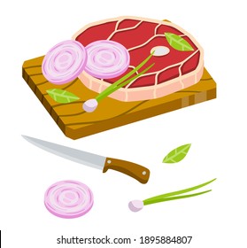 Piece of raw meat on chopping Board. Chops and ingredients. Cooking food. Kitchen and restaurant elements. Flat cartoon illustration. Fresh pork and knife