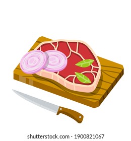 Piece of raw meat on chopping Board. Chops and ingredients. Cooking food. Kitchen and restaurant elements. Fresh pork and knife. Flat cartoon illustration