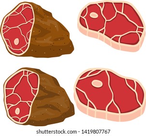 Piece of raw meat. Set of Fresh red food with streaks and fat. Element of kitchen, grill, BBQ, steak and delicious meal. Brown fried surface. Cartoon flat illustration. Cut off half beef piece