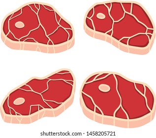 Piece of raw meat. Set of Fresh red food with streaks and fat. Brown fried surface. Cartoon flat illustration. Cut off half beef piece. Element of kitchen, grill, BBQ, steak and delicious meal