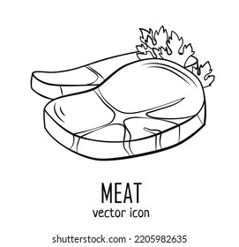 Piece of raw meat vector icon isolated on white background, food ingredient line art illustration, black and white pencil hand drawing of beef steak