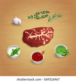 A piece of raw organic marble beef with herbs and sauces on the board.  For use as logos on cards, in printing, posters, invitations, web design and other purposes.
