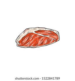 Piece of raw red meat - beef, pork, lamb vector icon in sketch style illustration isolated on white background. Healthy Paleo eating or high protein ketogenic diet.