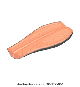 A piece of red fish in a longitudinal section. Fillet of pink salmon or salmon. Raw meat of sea fish, a food ingredient. Peeled fish. Flat cartoon vector illustration isolated on a white background.