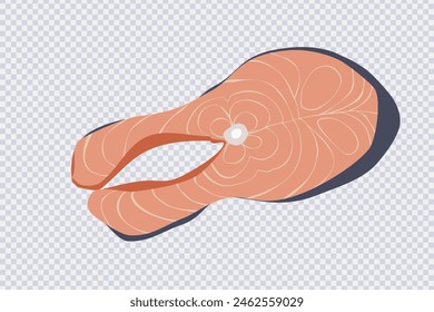 Pedazo de pescado rojo. Filete de pescado rojo en estilo plano. Filete de salmón aislado sobre transparente. Marisco fresco orgánico para restaurante, menú de sushi bar, cartel. Ideas de comida saludable y sabrosa. Ilustración vectorial