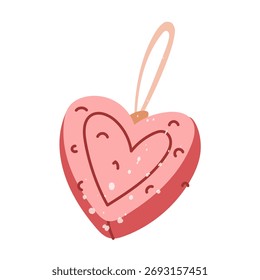 pedaço de sabão em forma de coração vermelho com uma alça. Feito à mão. Ilustração plana com salpicos de ruído branco. Brilhante. Perfeito eco-friendly cosméticos, spa, bem-estar, design de embalagem, apresentação
