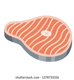 Piece of red salmon fish meat. Food for Cooking sushi. Raw Seafood. The cut off part. Slices with grey skin. Kitchen and meal element. Cartoon illustration