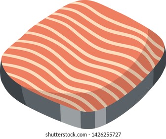 Piece of red salmon fish meat with pink stripe. Raw Seafood. The cut off part. Slices with grey skin. Kitchen and meal element. Cartoon illustration. Food for Cooking sushi