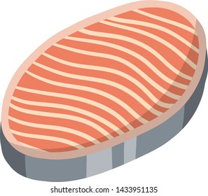 Piece of red salmon fish meat with pink stripe. Raw Seafood. The cut off part. Slices with grey skin. Kitchen and meal element. Cartoon illustration. Food for Cooking sushi