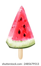 Piece of ripe watermelon on stick in watercolor style isolated on  white background