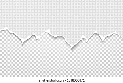 Piece of ripped white paper strip with torn edge and soft shadow for text is on squared background. Vector illustration