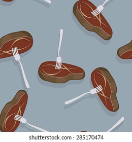 Piece of roasted meat on a fork. Seamless paterrn delicious juicy steak. Vector background