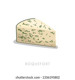 Piece of roquefort cheese. Cartoon flat style cheese segment. Fresh diary smelly milk product. Vector illustration single icon isolated on white background.