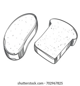 Piece of rye or wheaten sliced bread. Monochrome vector Illustration isolated on white background