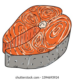 Piece of salmon fish icon. Vector illustration of fish steak. Hand drawn piece of fried trout.