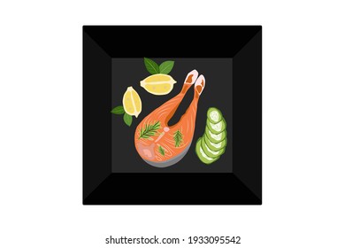 Un trozo de salmón con limón y pepinos sobre un plato