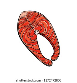 Piece of Salmon fish. Seafood. Vector illustration. Isolated images on white background. Vintage style.