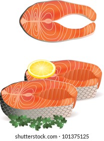 piece of salmon with lemon isolated on white photo-realistic vector illustration
