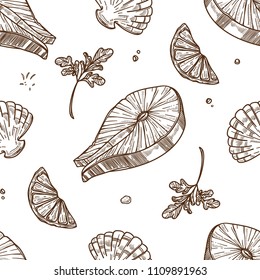 Piece of salmon, lemon slice and fresh greenery monochrome pattern