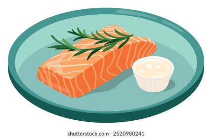 Piece of salmon on plate with sauce. Hand drawn vector illustration. Suitable for website, stickers, gift postcards.