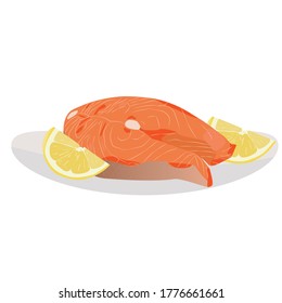 A piece of salmon on a white plate with slices of lemon. Fish