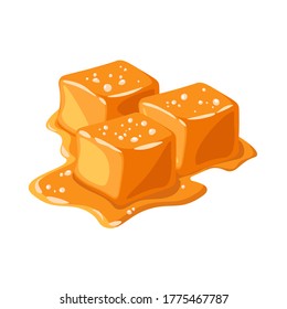 Piece of salted caramel isolated on white background. Melted appetizing caramel cubes. Vector illustration.