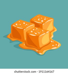 Piece of salted caramel isolated on blue background. Melted appetizing caramel cubes. Vector illustration.