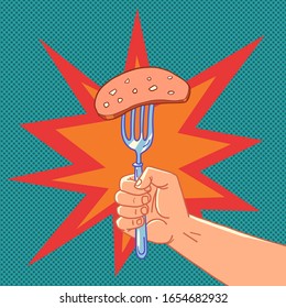 un trozo de salchicha, un aperitivo de carne. Dibujo cómico de arte poro vector kitsch vintage