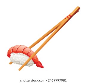 A piece of shrimp nigiri held with chopsticks. Japanese food vector illustration