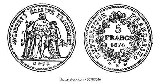 Piece of silver 5 francs, vintage engraved illustration. Trousset encyclopedia (1886 - 1891).