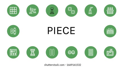 piece simple icons set. Contains such icons as Puzzle, Chess, Pawn, Chocolate, Dessert, Cake, Pizza, Rook, Cucumber, Cheese, can be used for web, mobile and logo