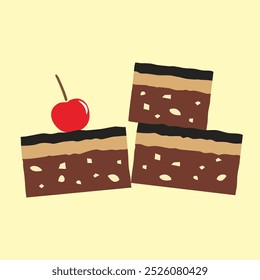 Piece slice brownie cake side view with red cherry vector