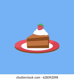 Piece Or Slice Of Chocolate Cake With Strawberry & Whipped Cream On The Top Icon Vector On A Plate Flat Design Style. Sweet & Tasty Dessert Food Illustration In A Red & Brown Color. Happy Birthday