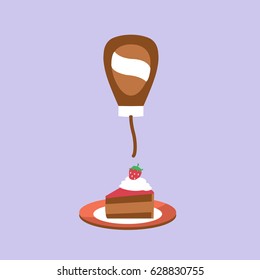 piece or slice of Chocolate cake with strawberry & whipped cream on the top icon vector on a plate flat design style. sweet & tasty dessert. happy birthday & chocolate syrup on the top icon cartoon