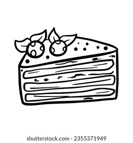 Piece of sliced cake. Birthday. isolated object. Doodle style.
