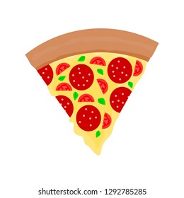 piece of sliced pepperoni pizza with sliced tomato, hot melt mozzarella cheese on top isolated on white background; vector illustration