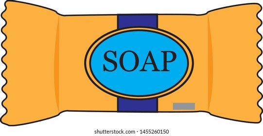 A piece of soap in orange packaging. Isolated on white background. Vector graphics. Vector illustration. Copy space. There is a place for text.