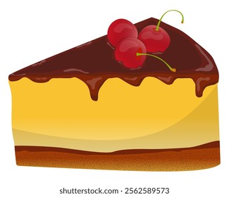 A piece of souffle cake covered with chocolate and decorated with cherry on top. Vector illustration for a poster, greeting card or invitation, labels or tags