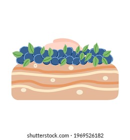 A piece of sponge cake with blueberries. Isolated element.