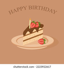 Piece of sponge cake with chocolate icing, candle and strawberry slices with inscription happy birthday. Birthday greeting card.