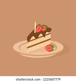 Piece of sponge cake with chocolate icing, candle and strawberry slices with copy space. Birthday greeting card.