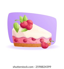 A piece of sponge cake with cream and cherries on a purple background. The concept of pastry shop, baking, holiday. Isolated vector illustration for the design of postcards, banners and posters.