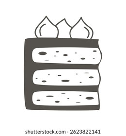Piece of sponge cake with cream decoration. Hand drawn black silhouette of cake slice. Monochrome doodle sketch style illustration sweet pastry, vector element