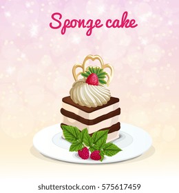 Piece of sponge cake on white plate with meringue decorated raspberry on sparkling light background vector illustration 