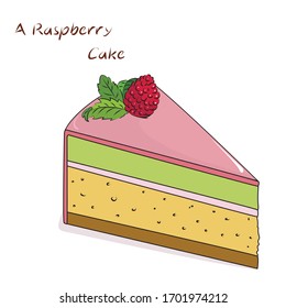 A piece of sponge cake with raspberries and mint leaves. Vector.