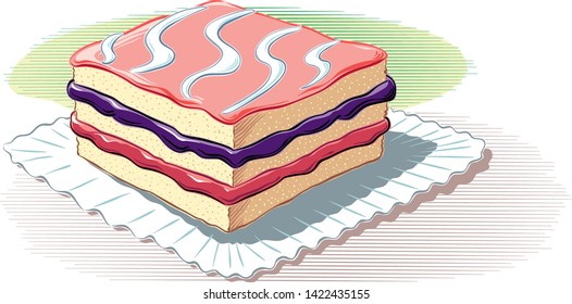 Piece Of Square Cake Stuffed With Fruit Jams, On A White Background, In Vector.