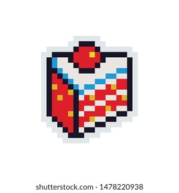 Сake piece sticker, perfect pixel art icon, bakery logo. Design for web, mobile app, badges and patches. Isolated on white background vector illustration. Game assets 8-bit sprite. 