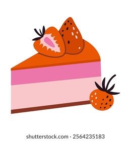 A piece of strawberries cheesecake. Colorful delicious desserts with berries. Trendy modern vector illustration isolated on white background, hand drawn, flat design