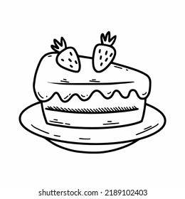 Piece strawberry cake on plate. Vector doodle illustration. Sketch.