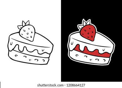 Piece of strawberry cake. Vector cartoon drawing of cream cake slice with red strawberry on top